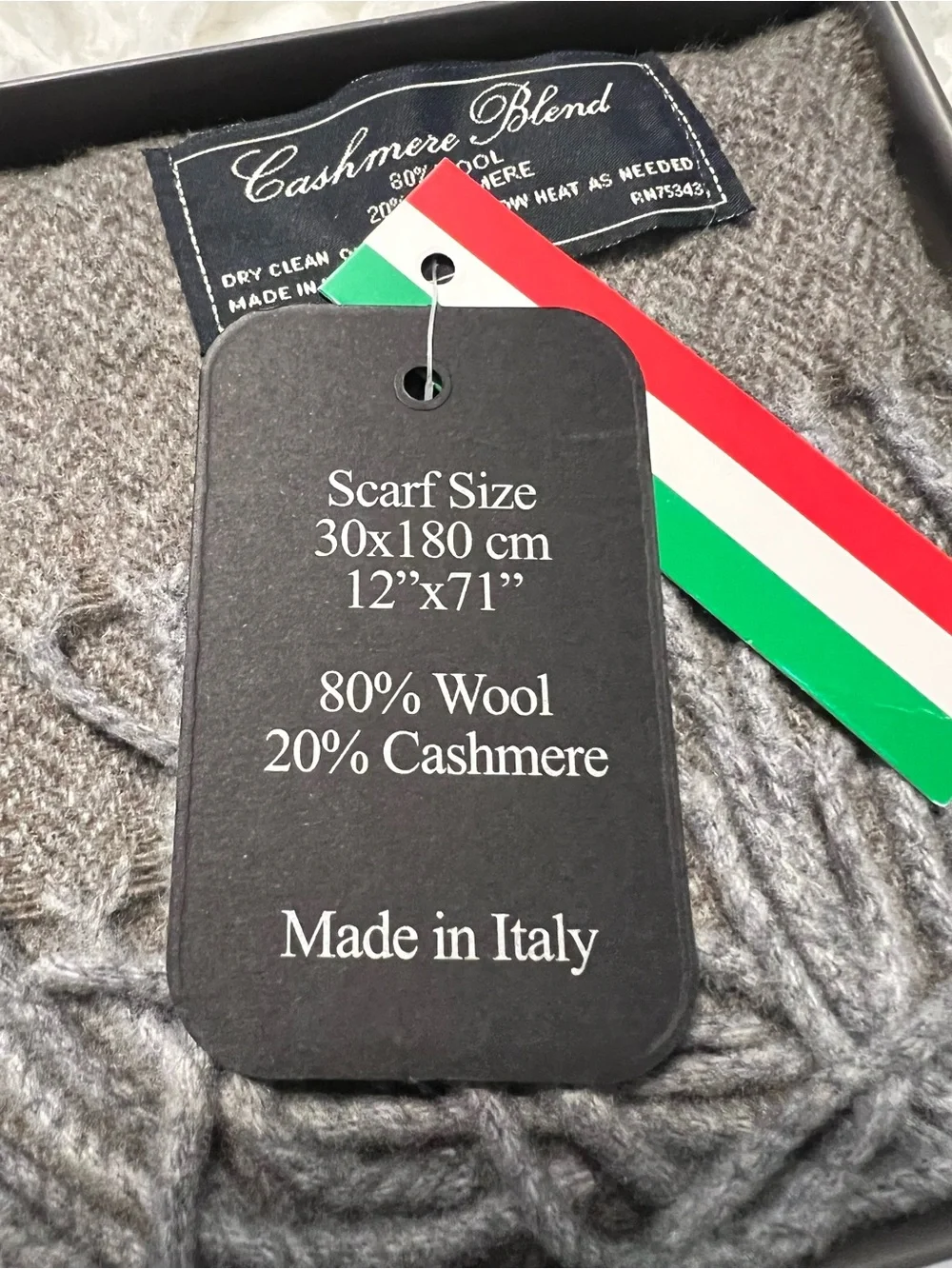 Linea Emmeti Cashmere Wool Blend Gray Scarf Men’s 12” X 71” Made in Italy